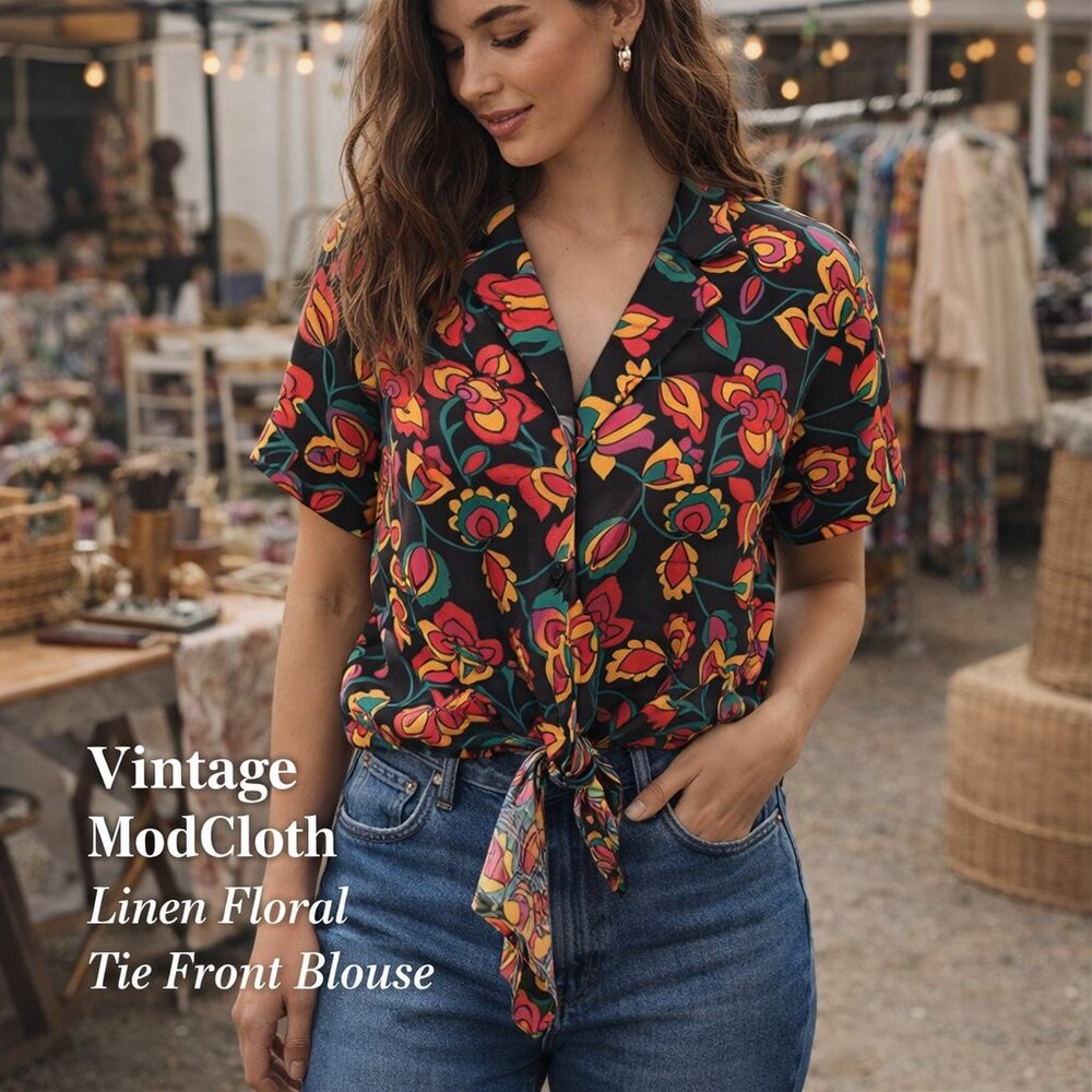 ModCloth Vintage Top Linen Button Front Floral Tie Front Blouse Black Retro SZL